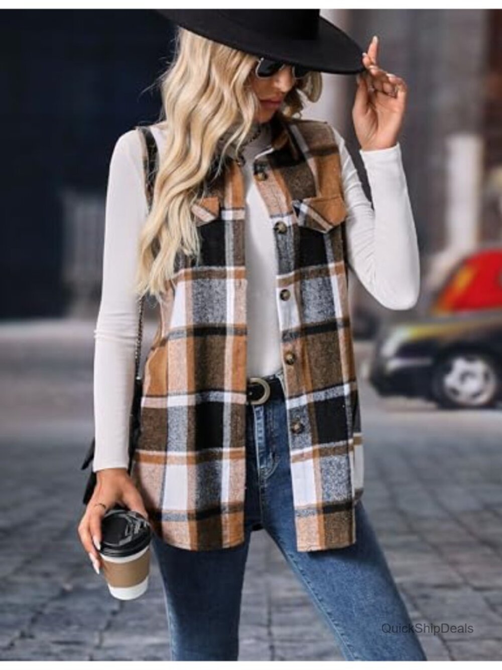 Flannel Plaid Vest Button Down Sleeveless Shacket Shirt Jacket for Women - Picture 4 of 6